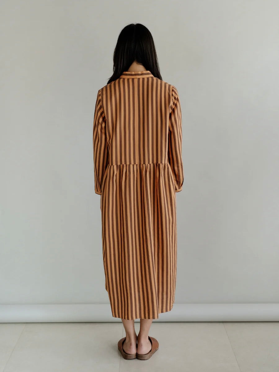 Striped Cotton Dress in Cacao and Orange