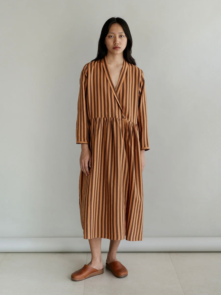 Striped Cotton Dress in Cacao and Orange