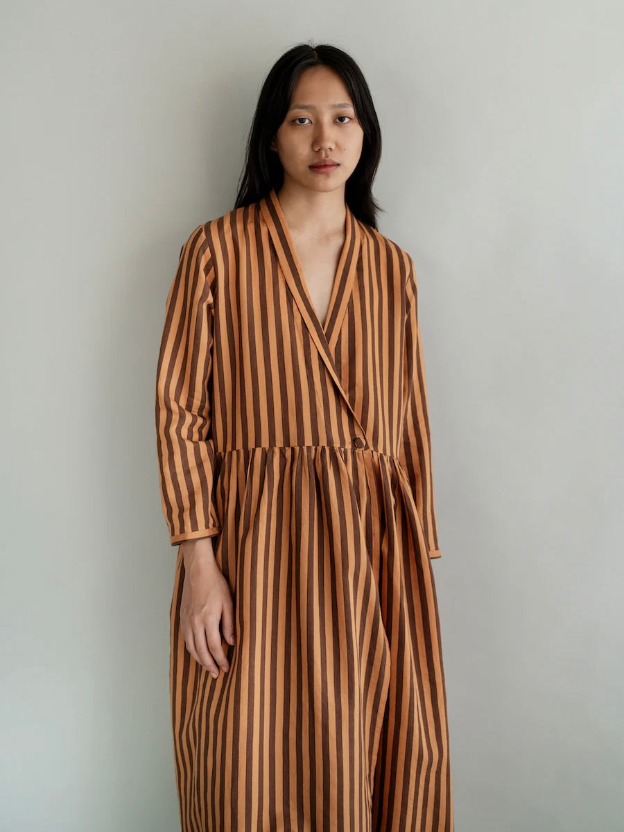 Striped Cotton Dress in Cacao and Orange