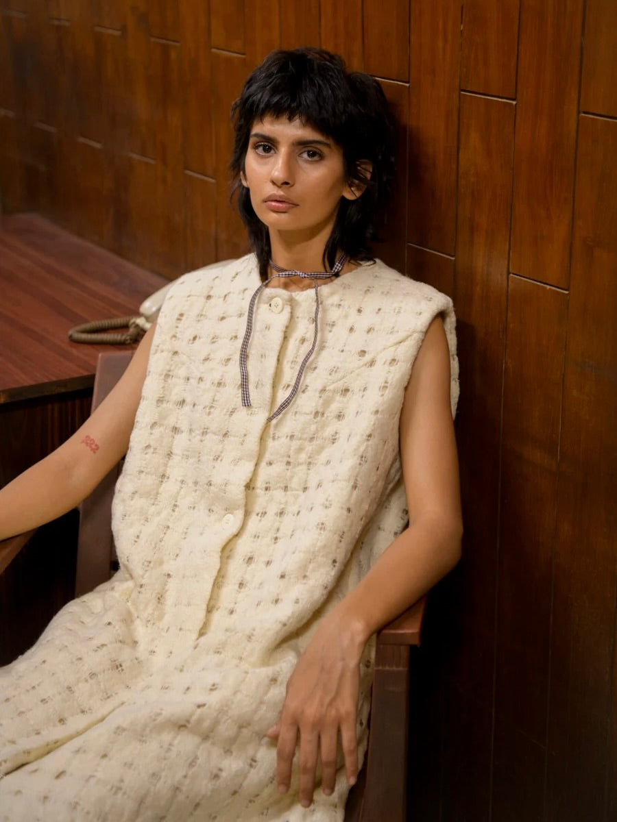 Hand-Loomed Merino Wool Vest in Natural White