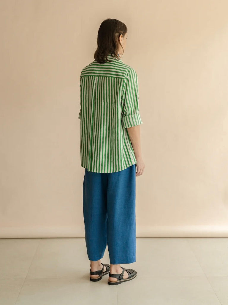 Cotton Silk Shirt in Green and White Stripes