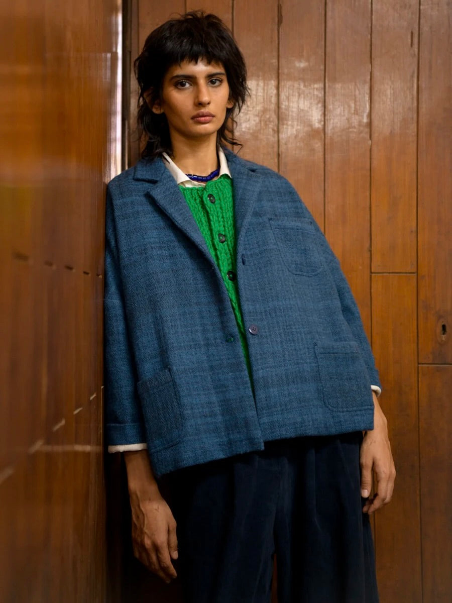 Hand-Woven Wool Jacket in Indigo