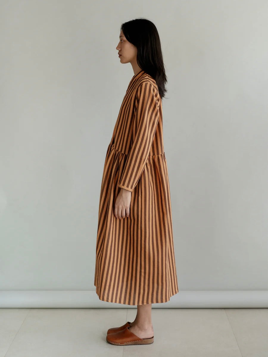 Striped Cotton Dress in Cacao and Orange