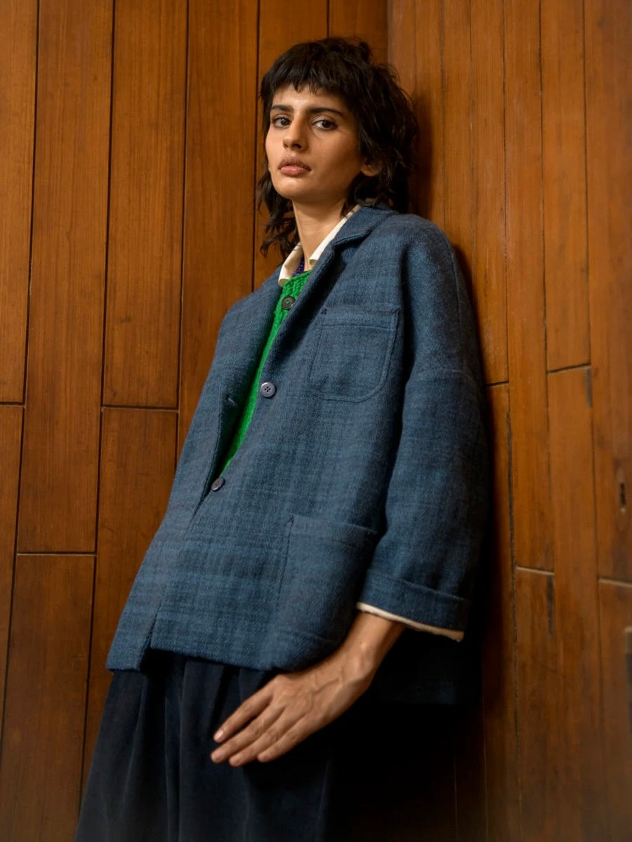 Hand-Woven Wool Jacket in Indigo