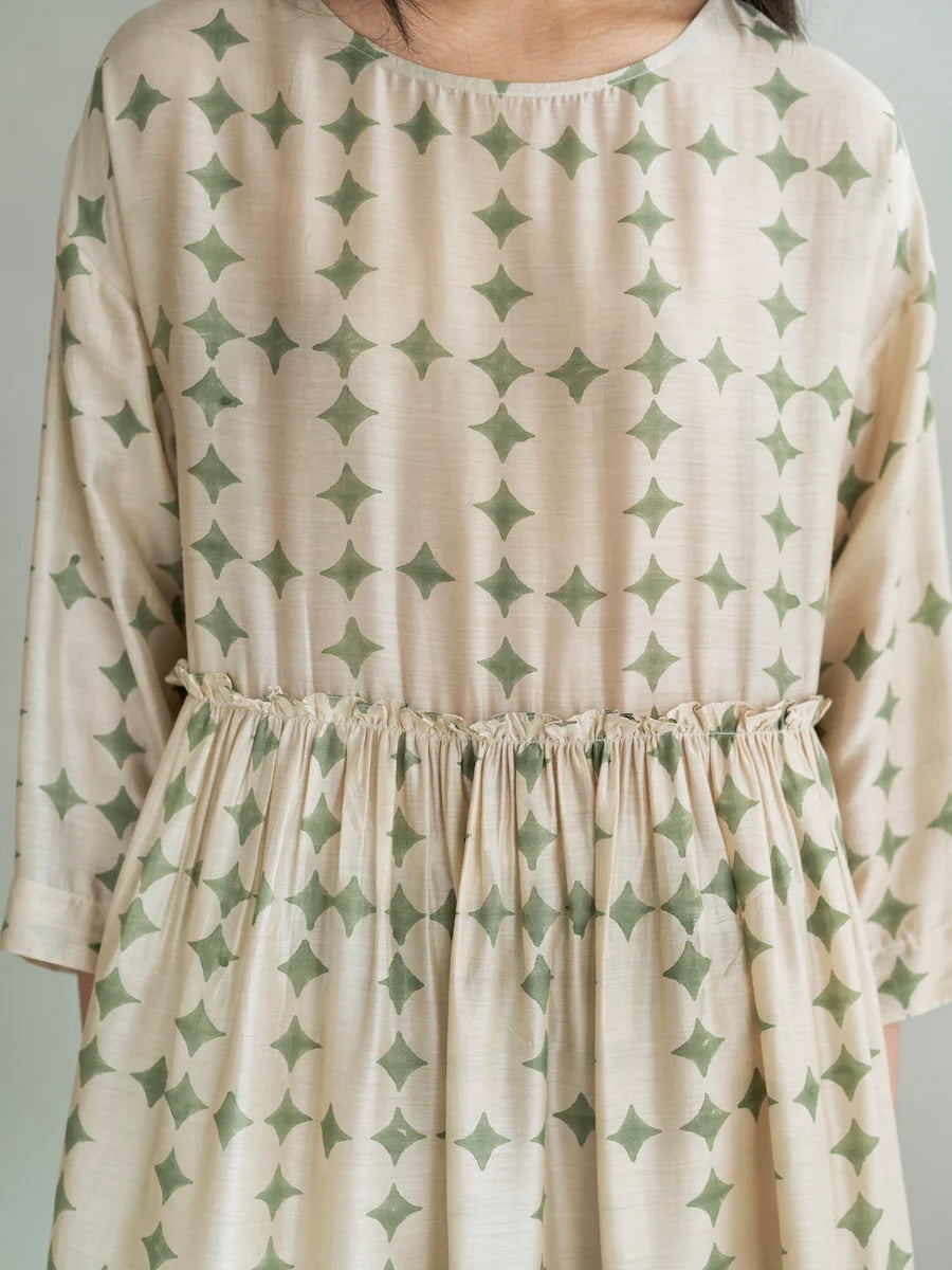 Silk Block Print Dress in Sand and Green